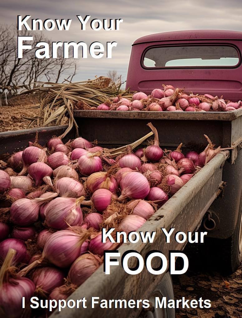 Pickup truck bed full of fresh onions at a farmers market, captioned Know Your Farmer, Know Your Food, I Support Farmers Markets